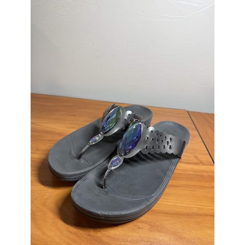 FitFlop Lunetta Jeweled Black Pewter Leather Thong Wedge Sandals Size 10